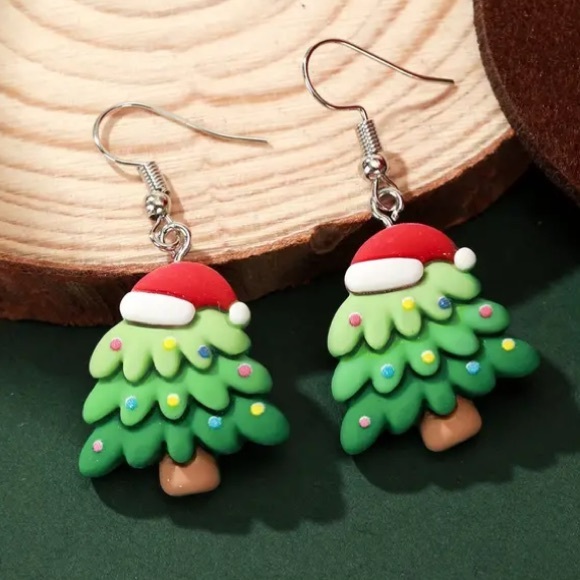 Christmas Tree with Santa Hat Holiday Earrings - Picture 1 of 3